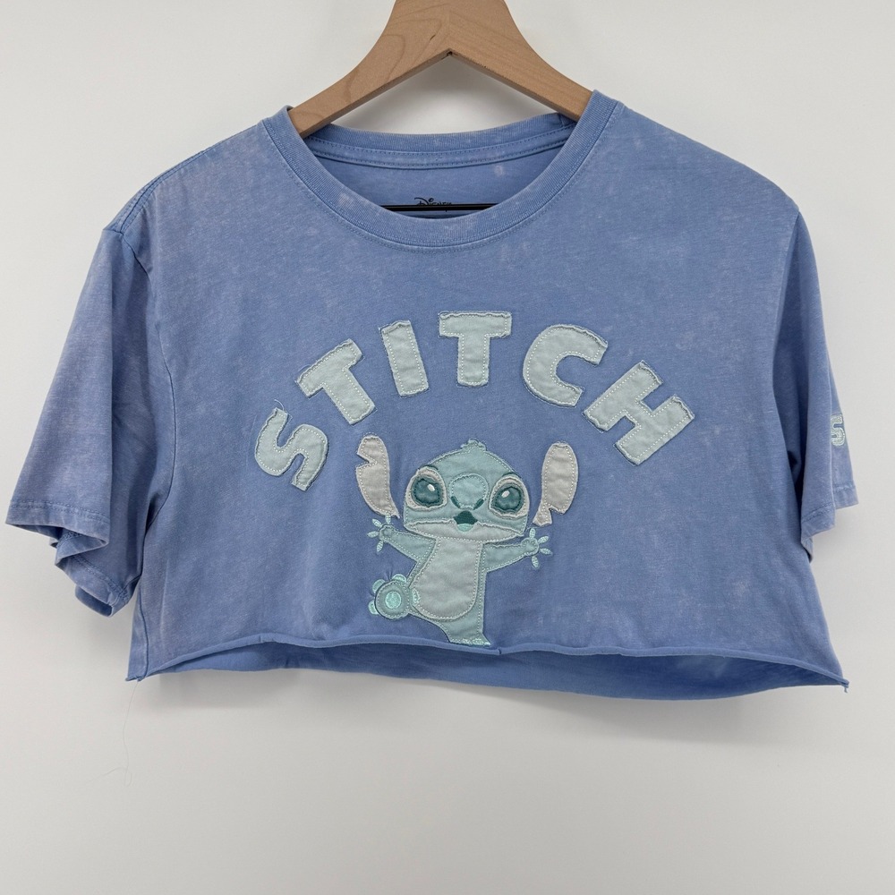 Disney Lilo & Stitch Cropped Applique Short Sleeve Shirt Acid Wash Blue Women M